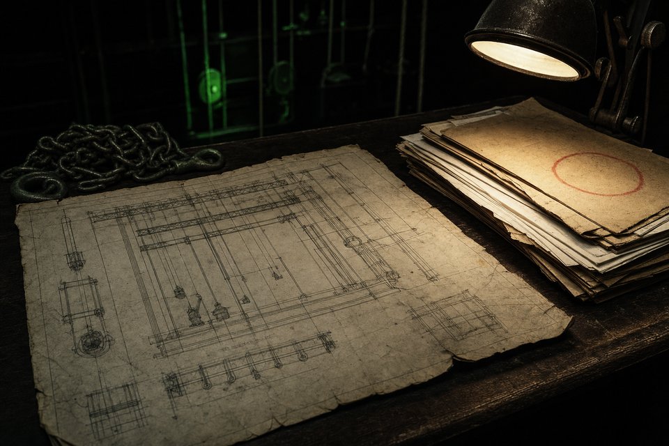 A worn technical rigging blueprint and a stack of aged production paperwork on a desk under a work lamp